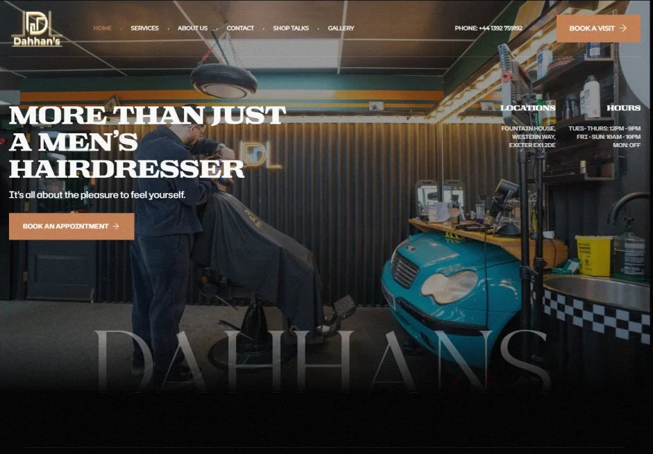 Dahhan’s Barbers website showing the shop and an appointment call to action