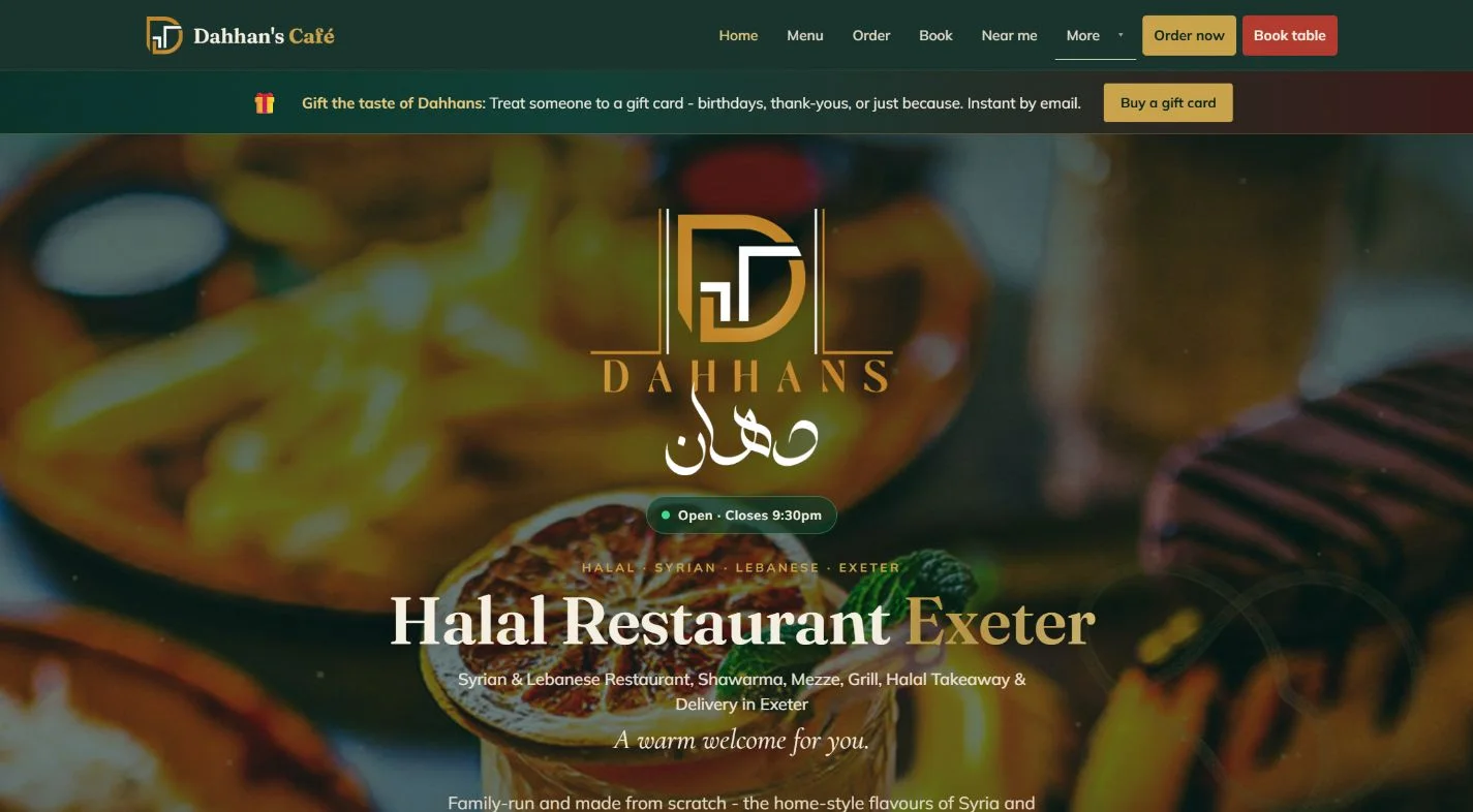 Dahhan’s Café website with its food photography, menu, ordering and table booking