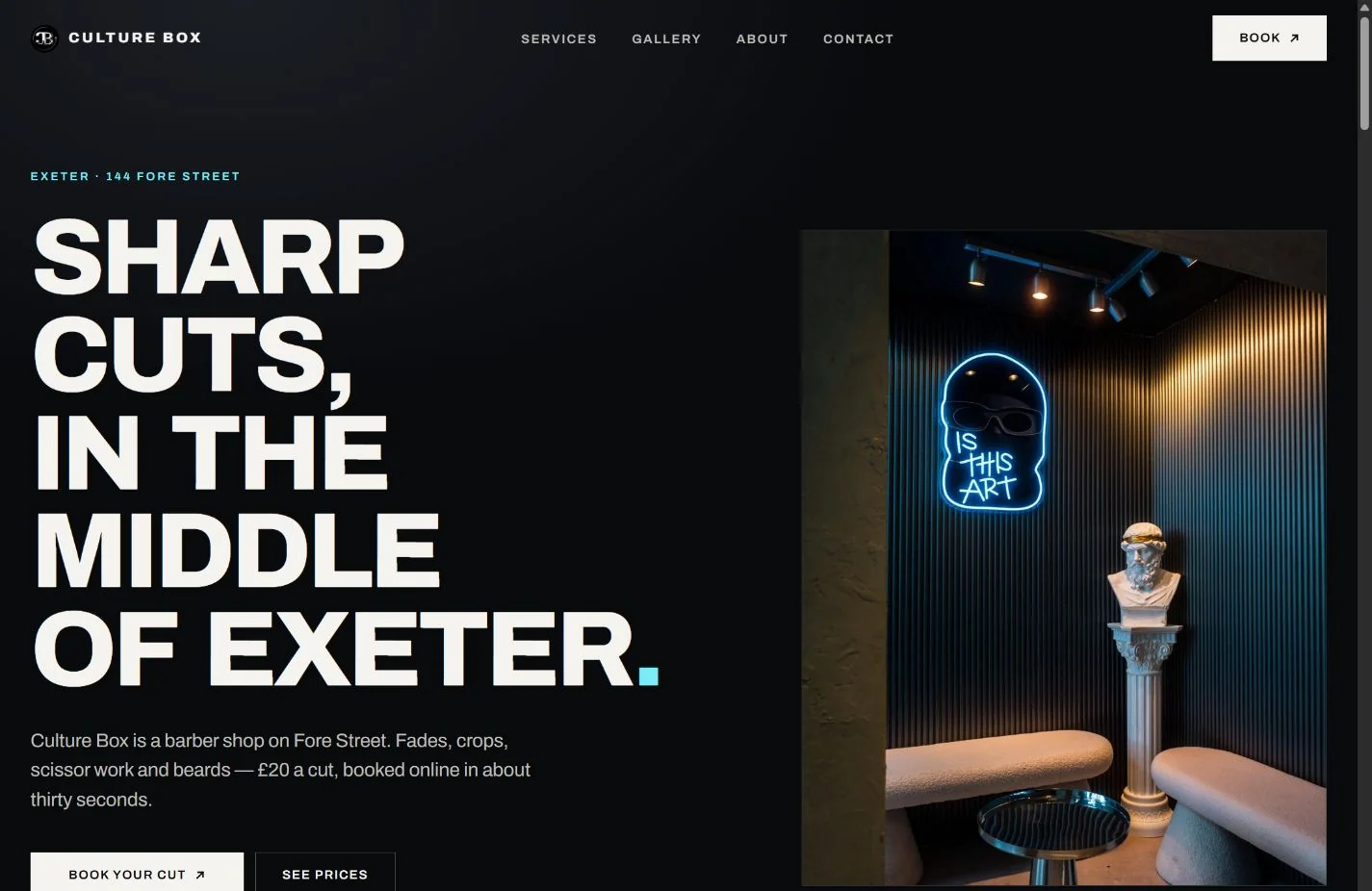 Culture Box’s live website, pairing bold typography with the Exeter barbershop interior
